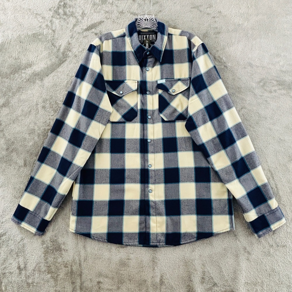 Dixxon Flannel Bar Harbor Snap Shirt Mens M‎ Navy Blue Cream Plaid Long Sleeve